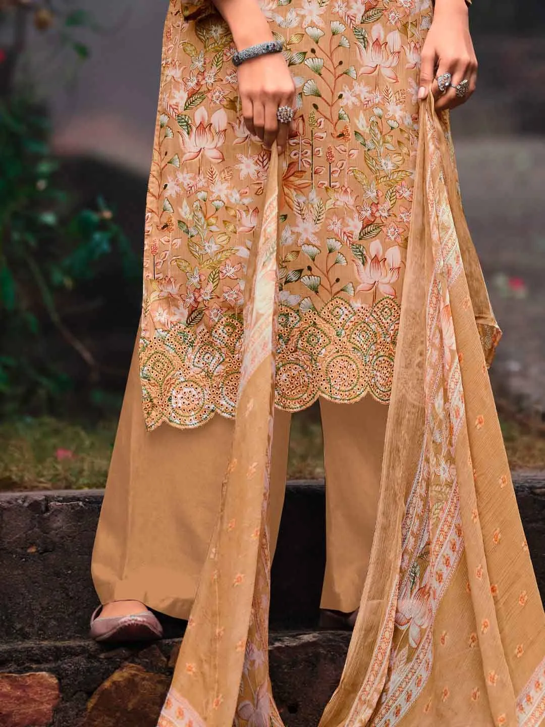 Unstitched Brown Cotton Women Suit Material with Embroidery