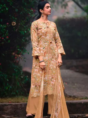 Unstitched Brown Cotton Women Suit Material with Embroidery