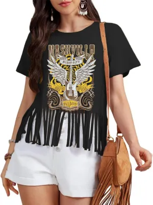 Western Shirt for Women Vintage Cowgirl Fringe T-Shirt Short Sleeve Rodeo Country Tee Tops