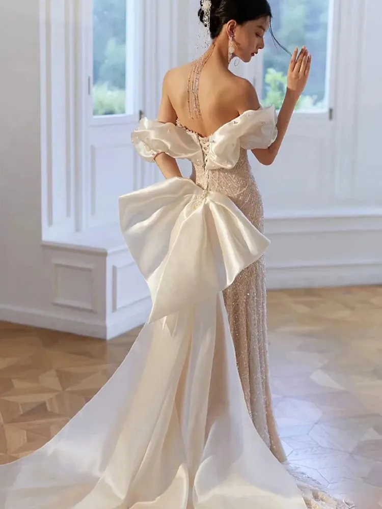 White Bling Bling Women Evening Dresses High End Pearls Sequins Prom Birthday Party Gowns With Bow Formal robes de soirée