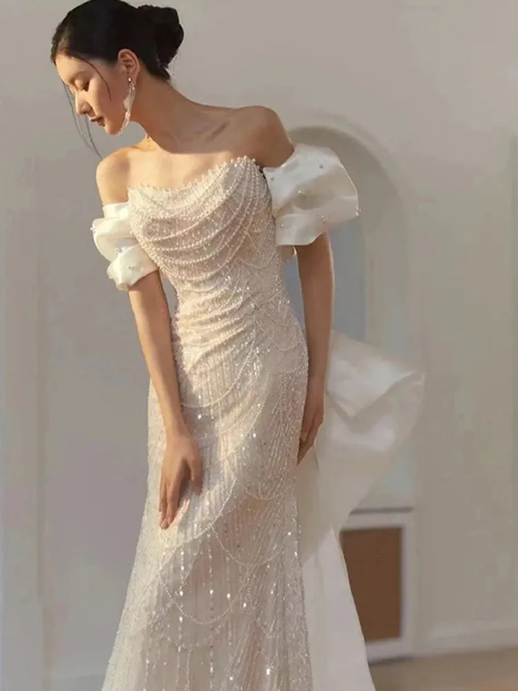 White Bling Bling Women Evening Dresses High End Pearls Sequins Prom Birthday Party Gowns With Bow Formal robes de soirée