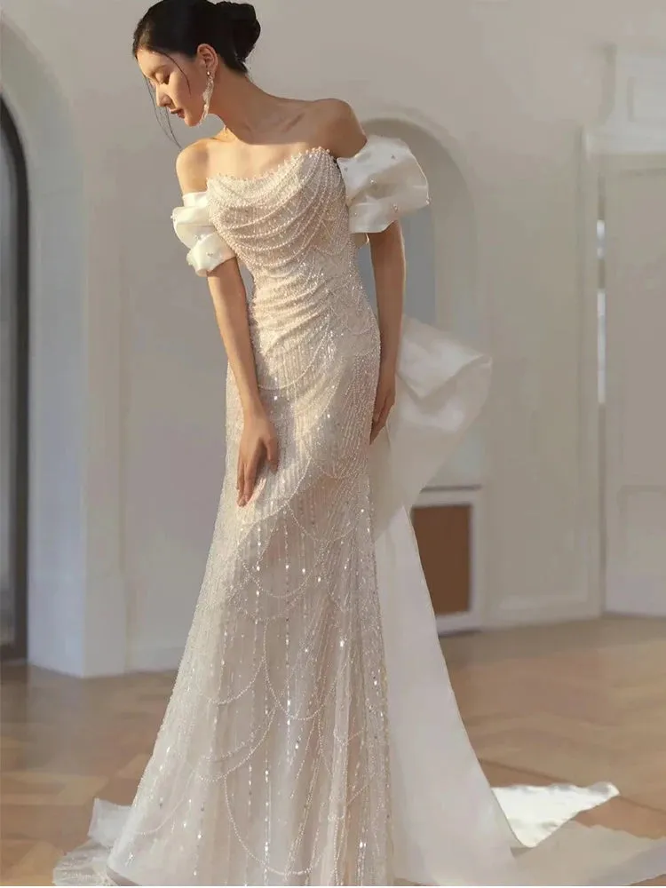 White Bling Bling Women Evening Dresses High End Pearls Sequins Prom Birthday Party Gowns With Bow Formal robes de soirée