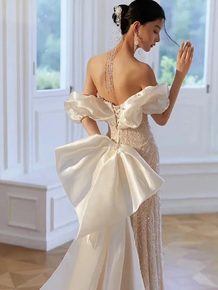 White Bling Bling Women Evening Dresses High End Pearls Sequins Prom Birthday Party Gowns With Bow Formal robes de soirée