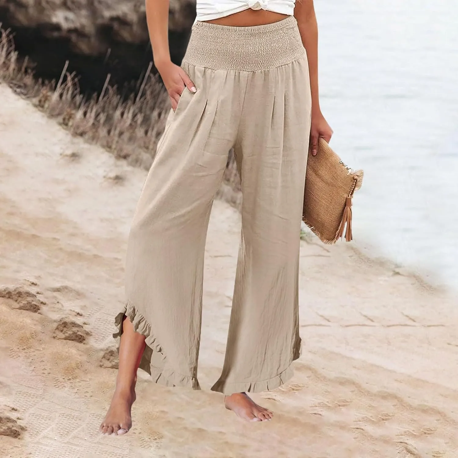 Wide Leg Linen Pants Women Flowy Smocked High Waisted Palazzo Pants Trousers Lounge Beach Pants with Pockets