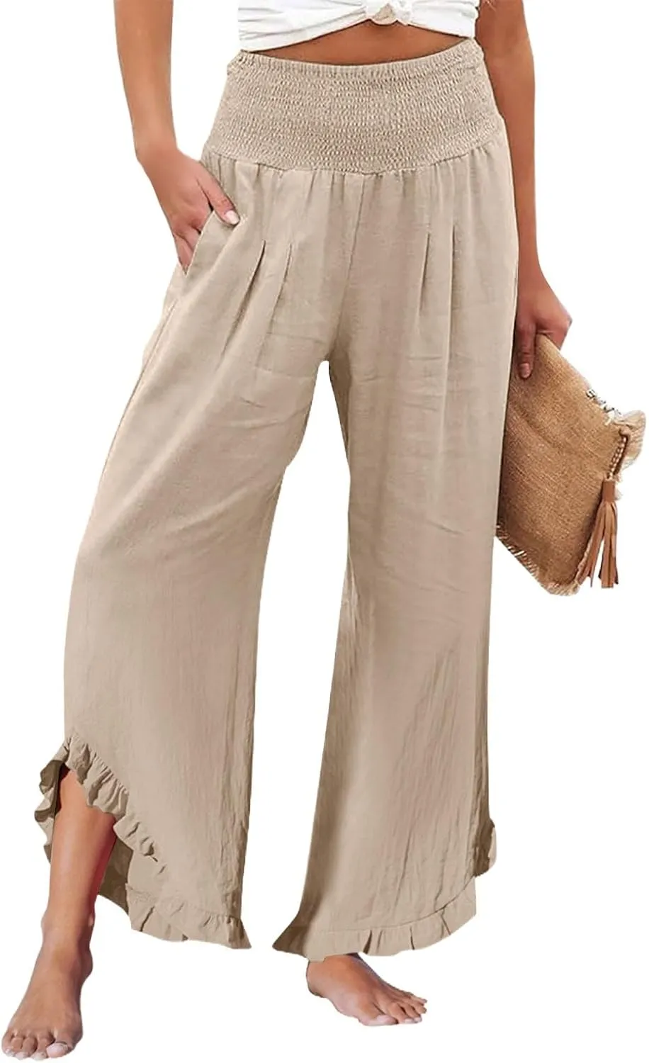 Wide Leg Linen Pants Women Flowy Smocked High Waisted Palazzo Pants Trousers Lounge Beach Pants with Pockets