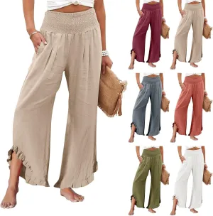 Wide Leg Linen Pants Women Flowy Smocked High Waisted Palazzo Pants Trousers Lounge Beach Pants with Pockets