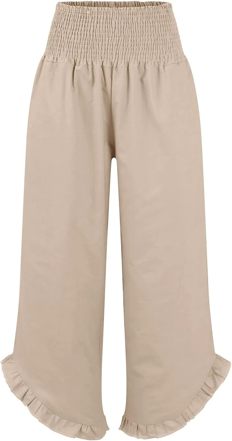Wide Leg Linen Pants Women Flowy Smocked High Waisted Palazzo Pants Trousers Lounge Beach Pants with Pockets