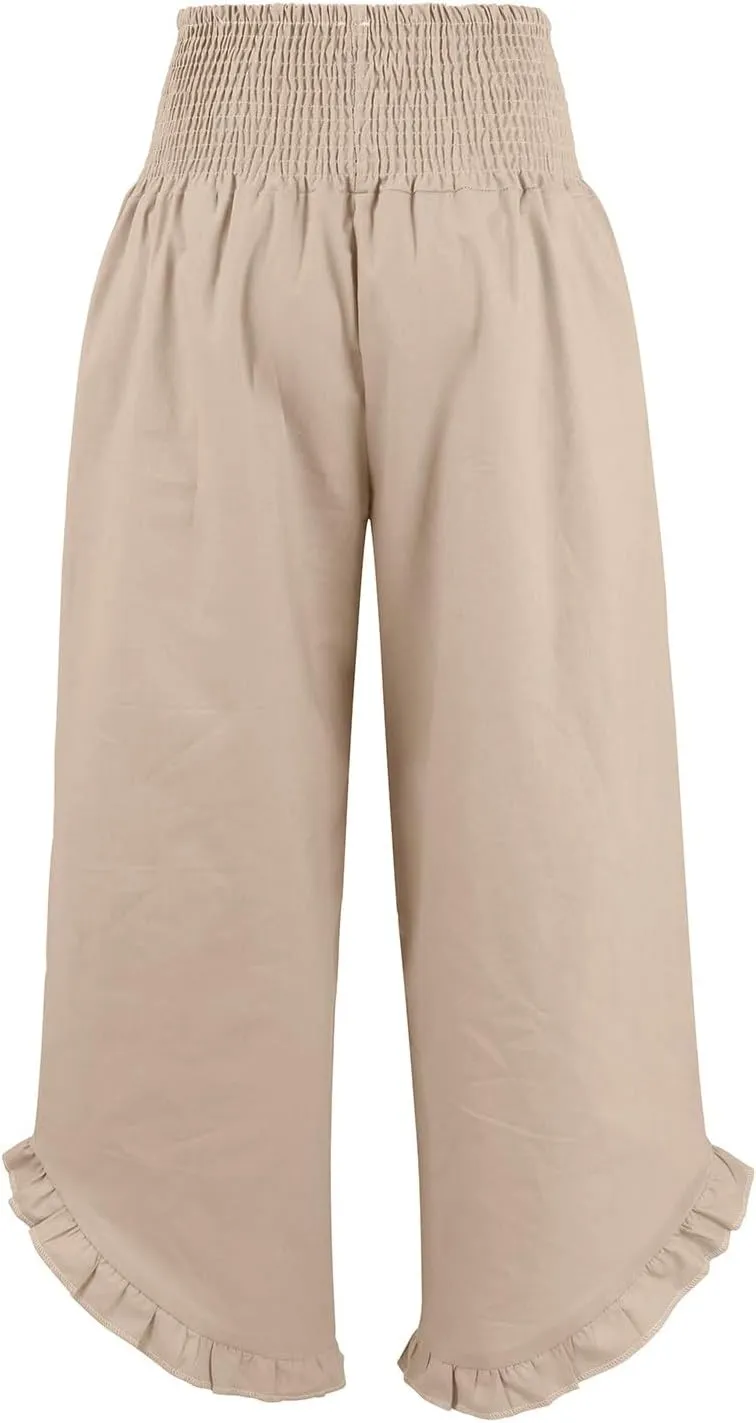 Wide Leg Linen Pants Women Flowy Smocked High Waisted Palazzo Pants Trousers Lounge Beach Pants with Pockets