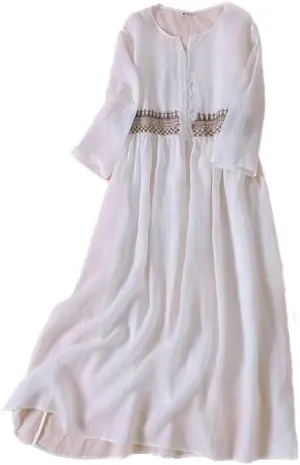 Women Boho V Neck Cotton Linen Maxi Dress Summer Casual Embroidered Button Half Sleeve Flowy Beach Dress with Pocket