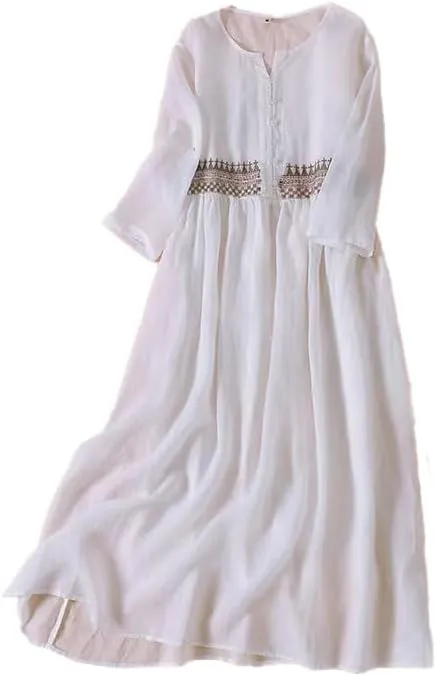 Women Boho V Neck Cotton Linen Maxi Dress Summer Casual Embroidered Button Half Sleeve Flowy Beach Dress with Pocket