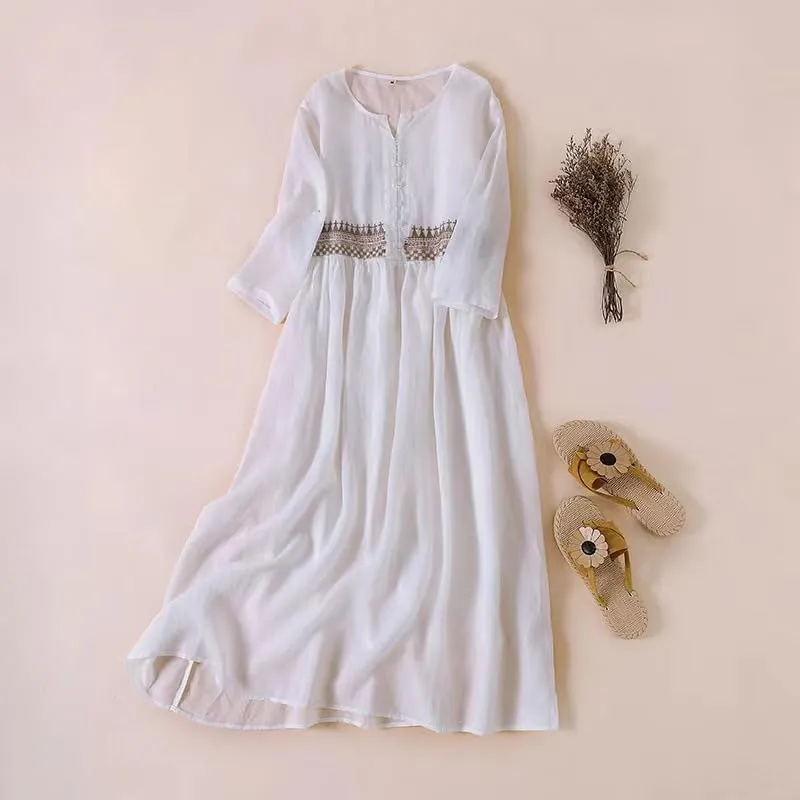 Women Boho V Neck Cotton Linen Maxi Dress Summer Casual Embroidered Button Half Sleeve Flowy Beach Dress with Pocket