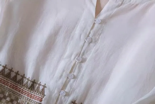Women Boho V Neck Cotton Linen Maxi Dress Summer Casual Embroidered Button Half Sleeve Flowy Beach Dress with Pocket
