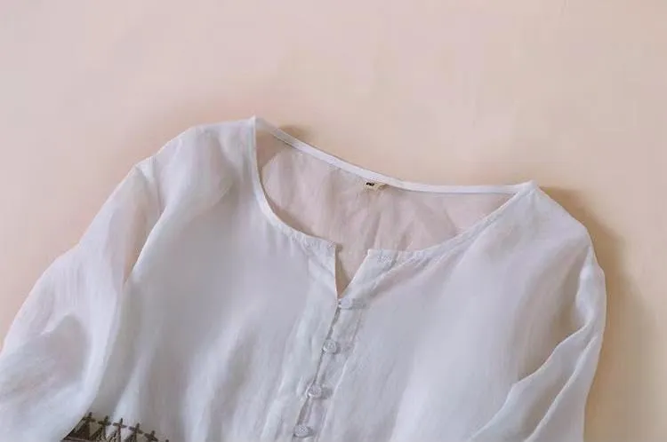 Women Boho V Neck Cotton Linen Maxi Dress Summer Casual Embroidered Button Half Sleeve Flowy Beach Dress with Pocket
