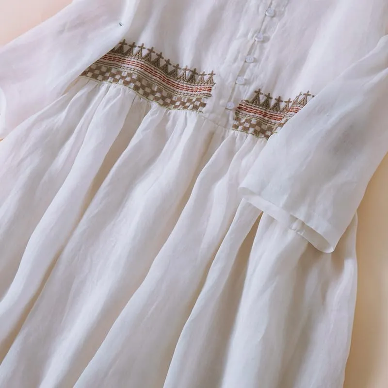 Women Boho V Neck Cotton Linen Maxi Dress Summer Casual Embroidered Button Half Sleeve Flowy Beach Dress with Pocket