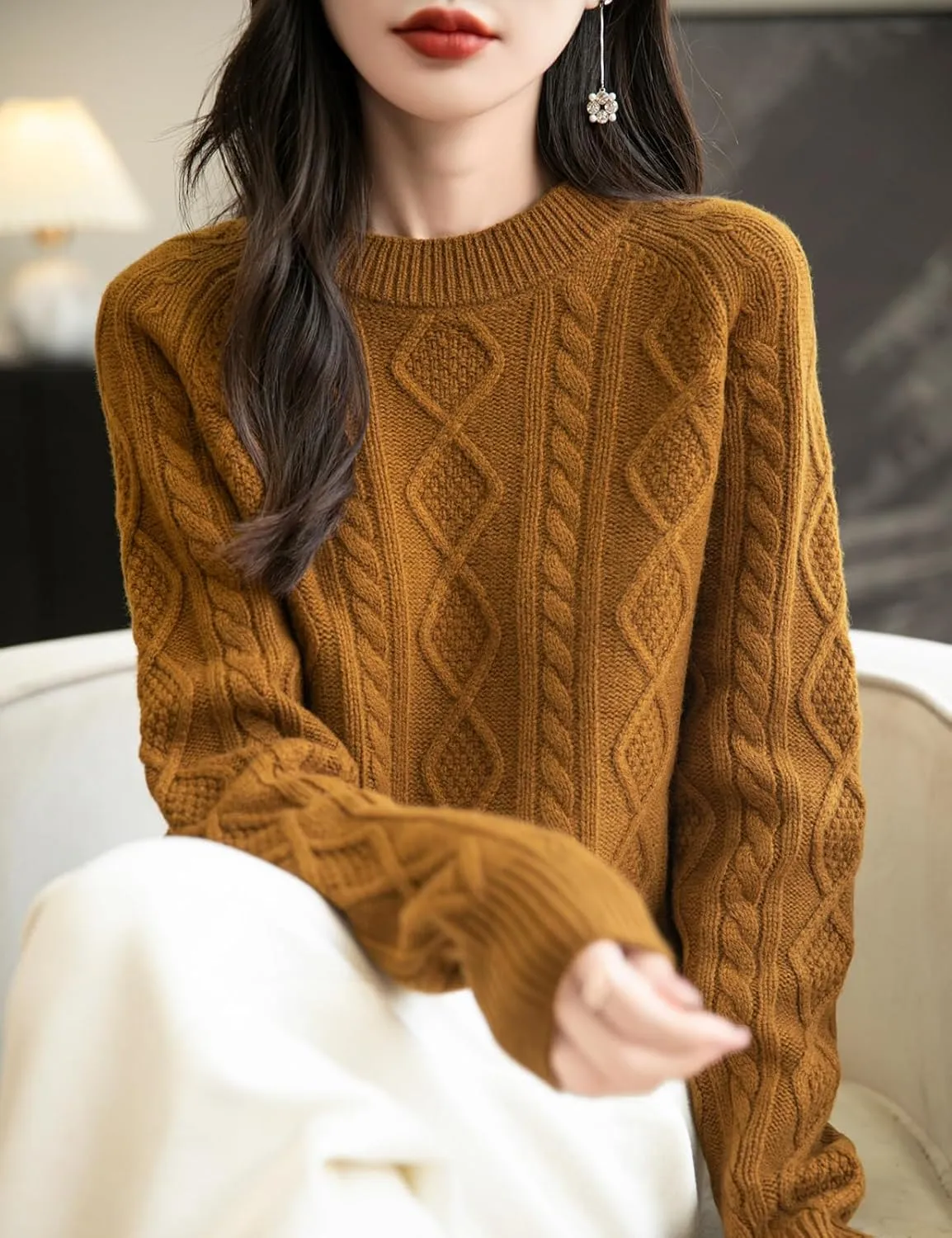 Women's 100% Merino Wool Sweater 2025 Fall Winter Casual Crewneck Long Sleeve Vintage Cable Knitted Sweater