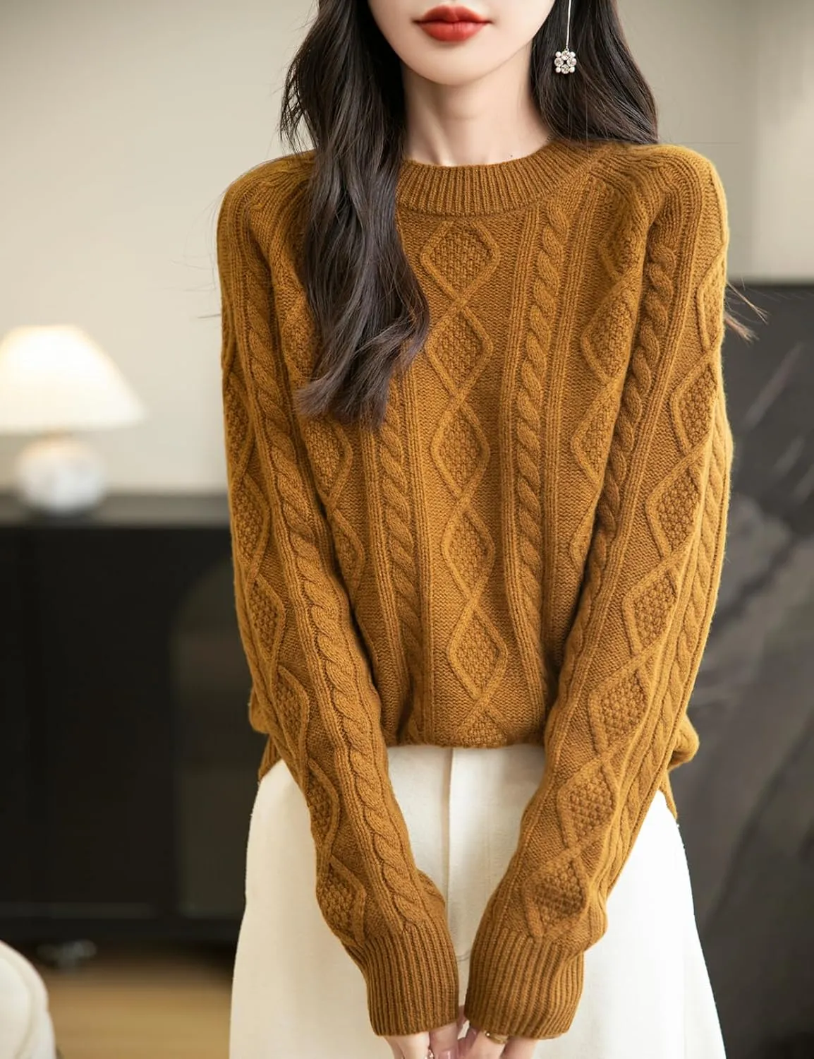 Women's 100% Merino Wool Sweater 2025 Fall Winter Casual Crewneck Long Sleeve Vintage Cable Knitted Sweater