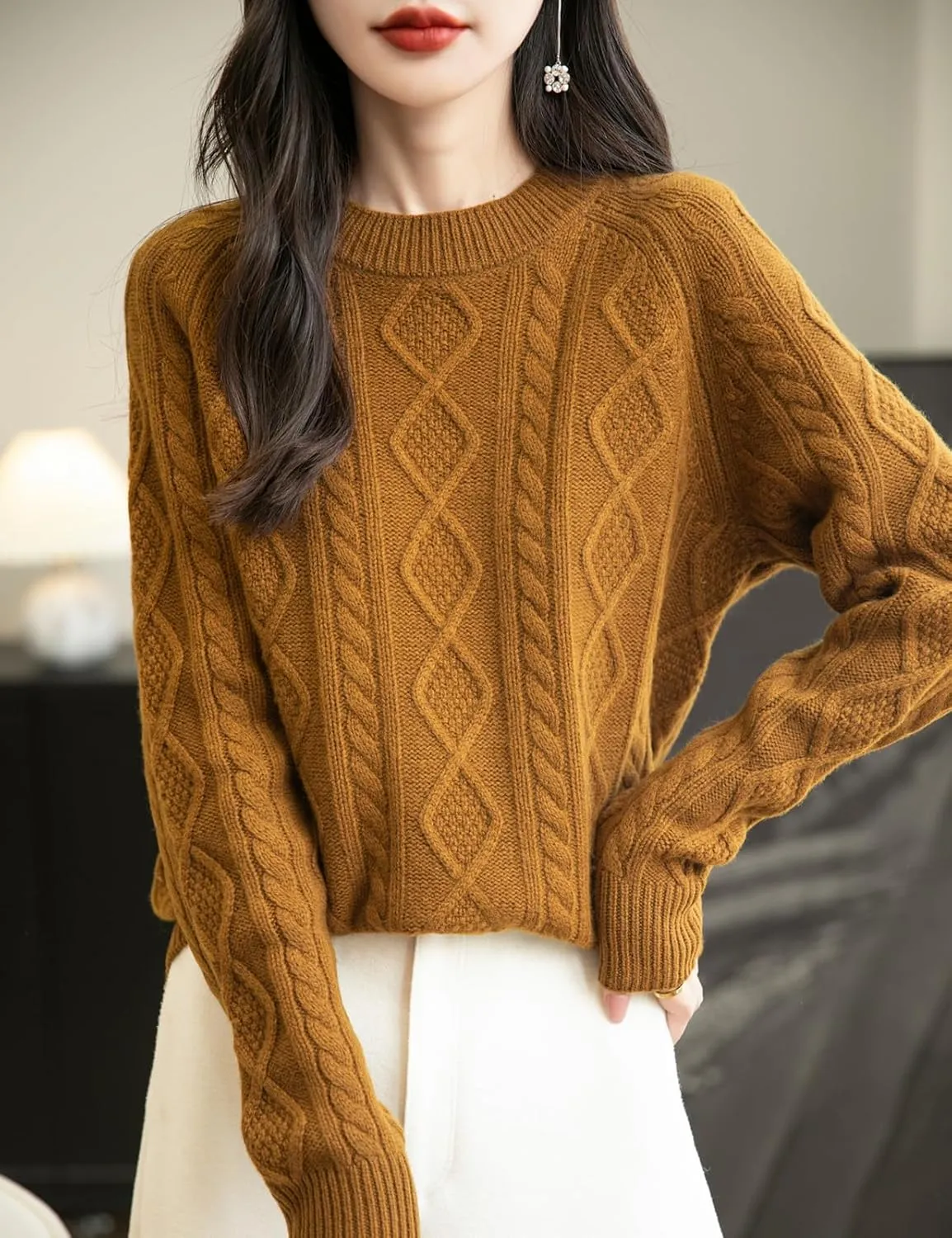 Women's 100% Merino Wool Sweater 2025 Fall Winter Casual Crewneck Long Sleeve Vintage Cable Knitted Sweater