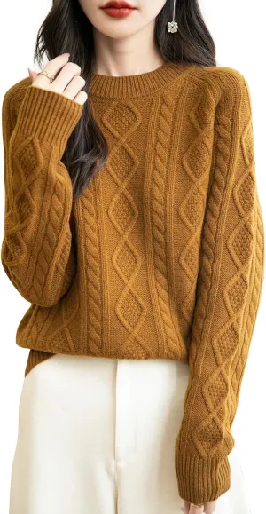 Women's 100% Merino Wool Sweater 2025 Fall Winter Casual Crewneck Long Sleeve Vintage Cable Knitted Sweater