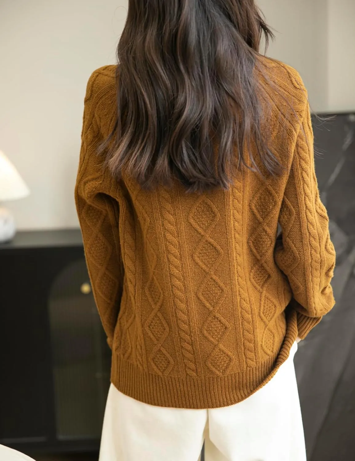 Women's 100% Merino Wool Sweater 2025 Fall Winter Casual Crewneck Long Sleeve Vintage Cable Knitted Sweater