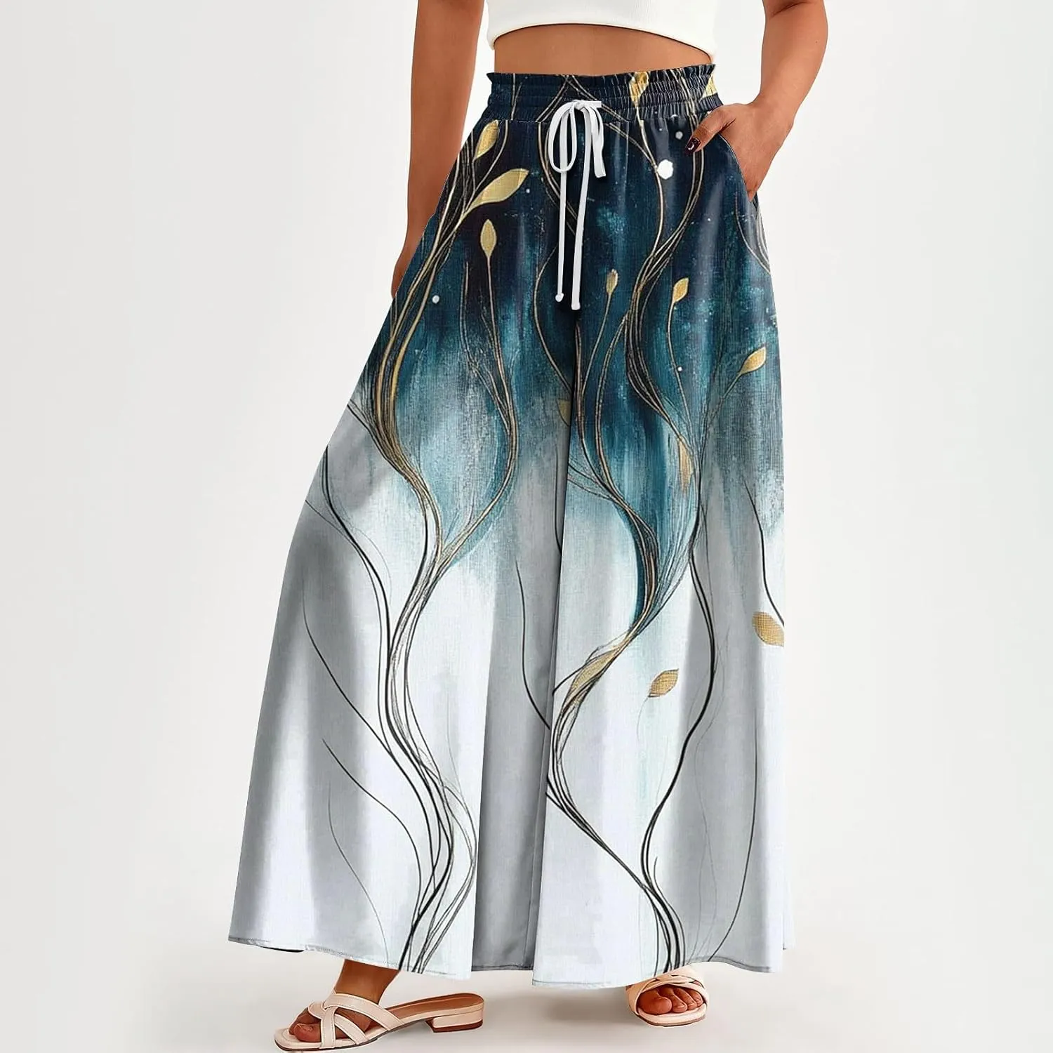 Women's 2025 Summer Wide Leg Palazzo Pants High Waisted That Look Like Skirts Flowy Pockets Lounge Boho Beach Trousers