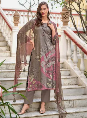 Women's Brown Unstitched Pure Lawn Cotton Suit Dress Material