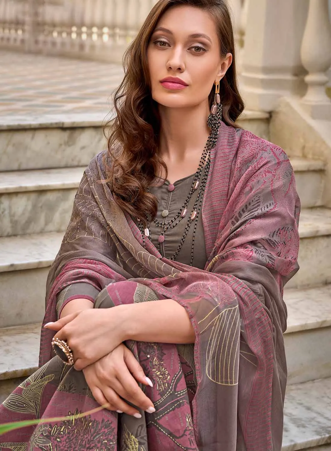 Women's Brown Unstitched Pure Lawn Cotton Suit Dress Material