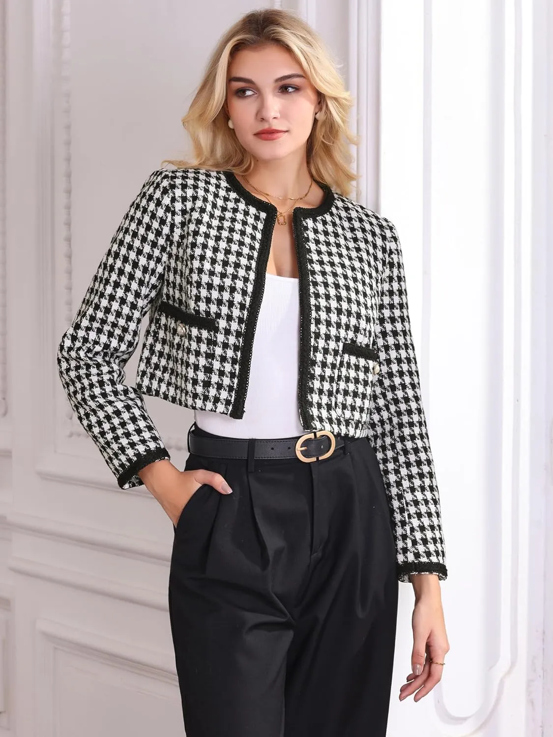 Women's Houndstooth Blazer Collarless Plaid Cropped Tweed Jacket