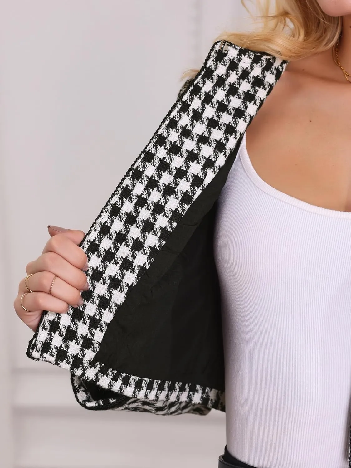 Women's Houndstooth Blazer Collarless Plaid Cropped Tweed Jacket