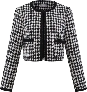 Women's Houndstooth Blazer Collarless Plaid Cropped Tweed Jacket