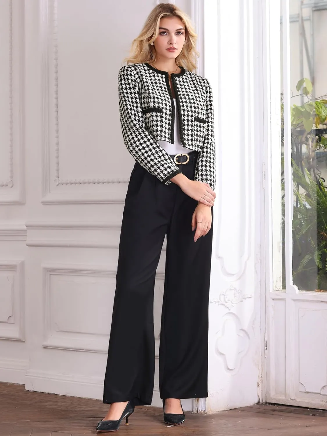Women's Houndstooth Blazer Collarless Plaid Cropped Tweed Jacket