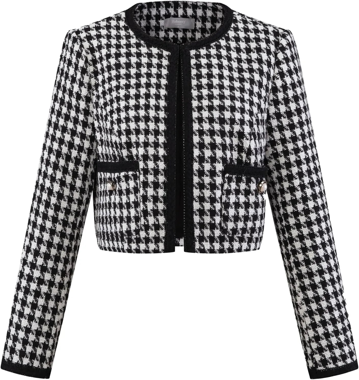 Women's Houndstooth Blazer Collarless Plaid Cropped Tweed Jacket