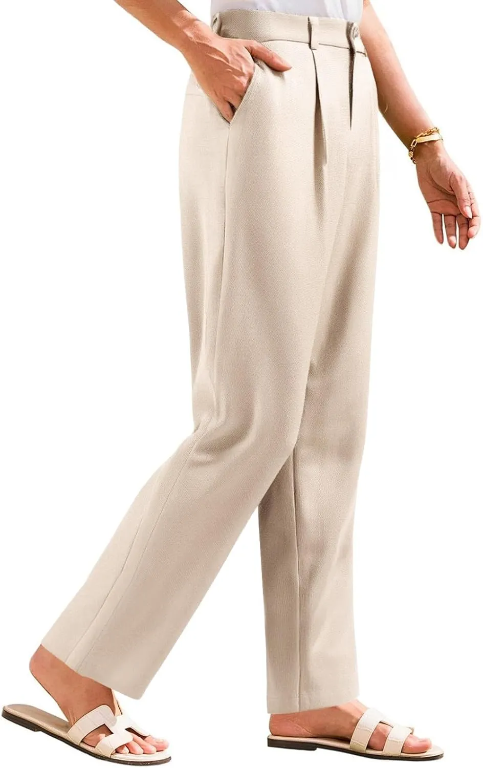 Women's Linen Wide Leg Work Pants with Casual Loose Fit Dressy Fashion Details