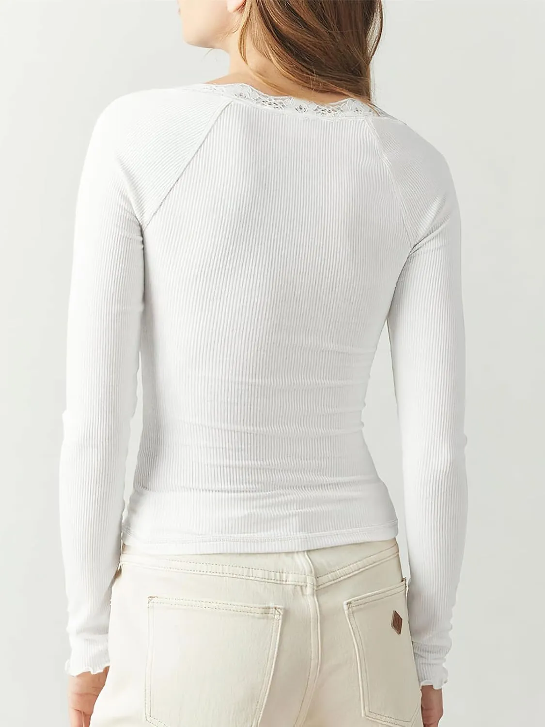 Women's Long Sleeve Lace Scoop Neck Shirts Ribbed Casual Slim Fitted Basic Tee Tops
