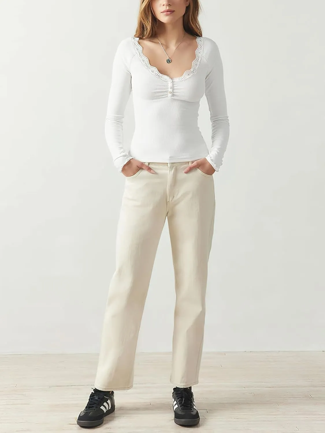 Women's Long Sleeve Lace Scoop Neck Shirts Ribbed Casual Slim Fitted Basic Tee Tops