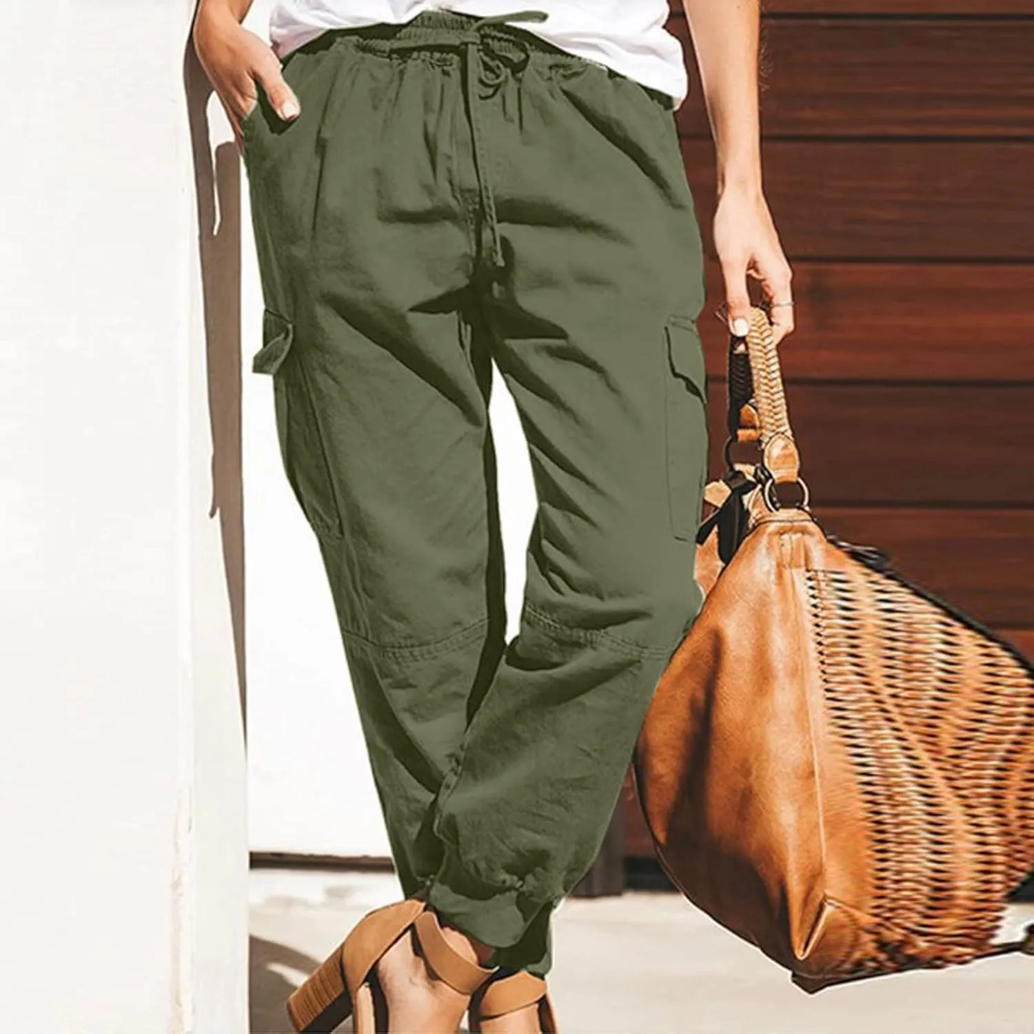 Womens Slacks Jogger Pants Trendy Slim Cargo Ankle Elastic Waistband Drawstring Pants Comfy for Streetwear Vacation