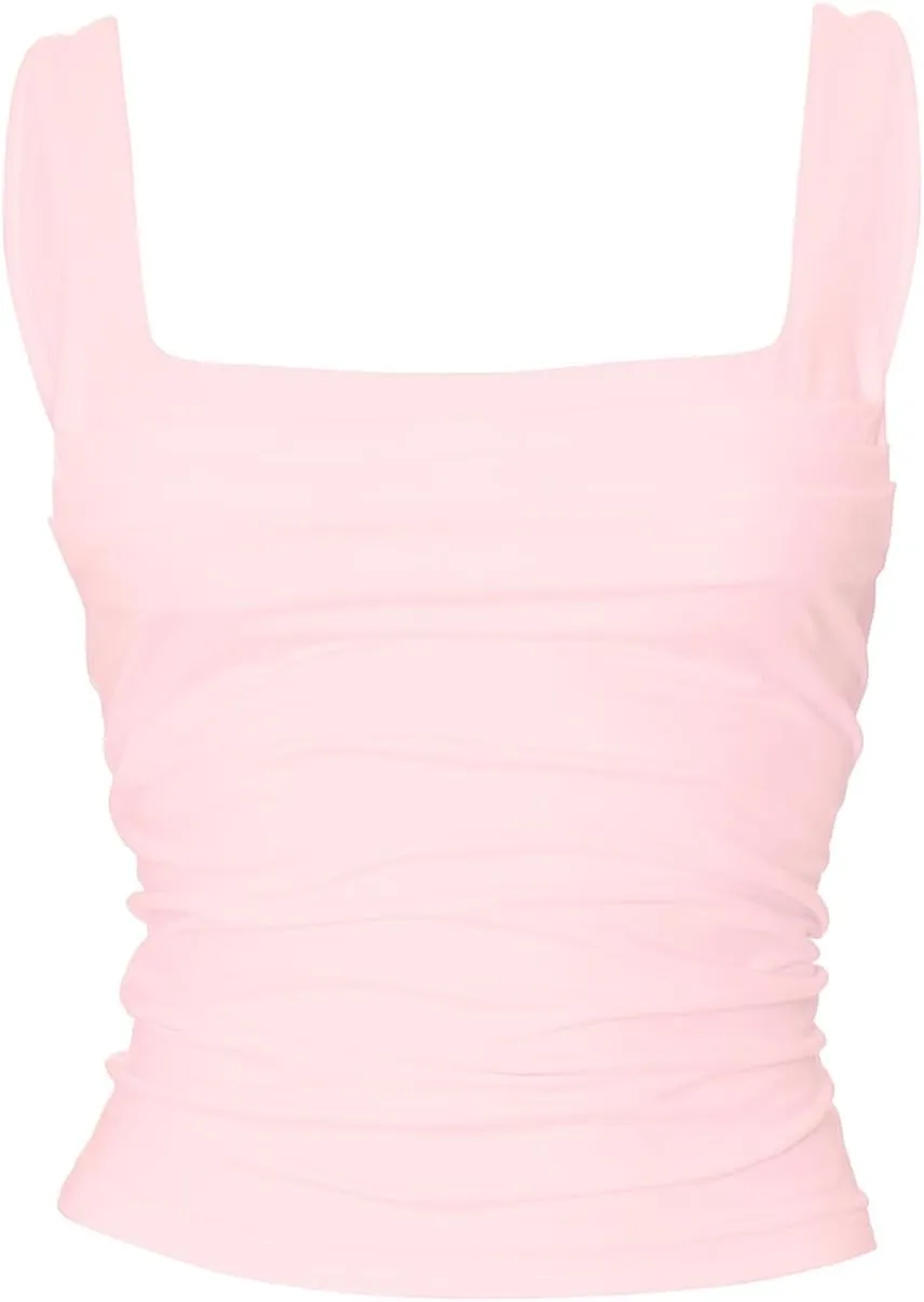 Women's Sleeveless Square Neck Tank Tops Strappy Ruched Going Out Top Backless Crop Tops