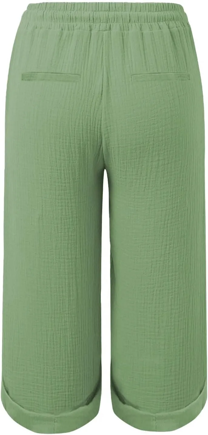 Womens Summer Capris Cotton Linen Sweat Pants Casual Loose Comfy Trendy Elastic Waist Cropped Trouser Beach Clothes