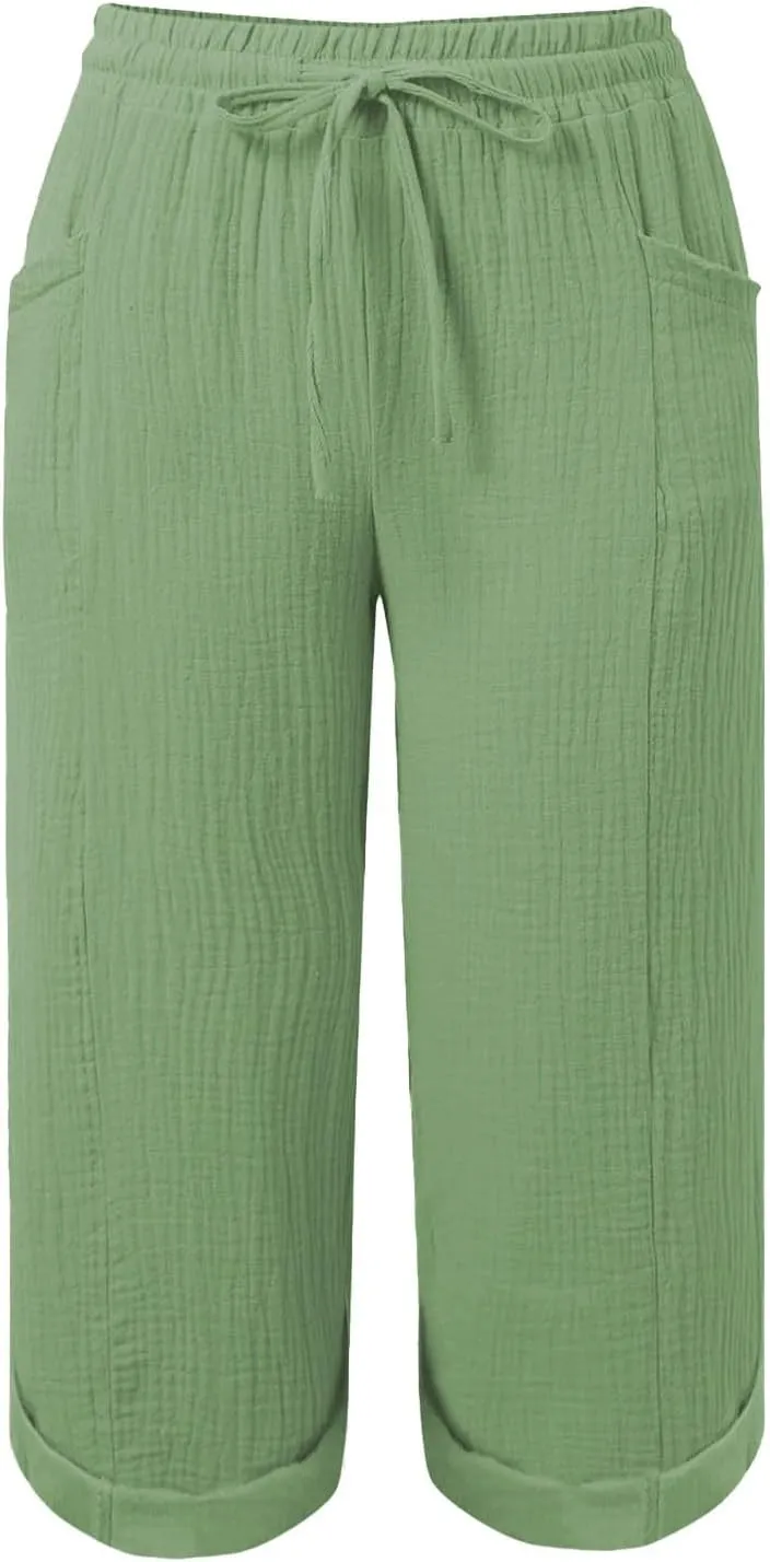 Womens Summer Capris Cotton Linen Sweat Pants Casual Loose Comfy Trendy Elastic Waist Cropped Trouser Beach Clothes