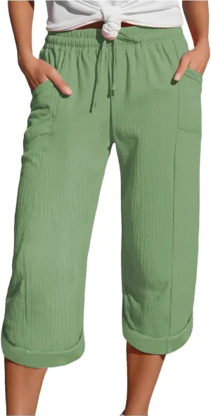 Womens Summer Capris Cotton Linen Sweat Pants Casual Loose Comfy Trendy Elastic Waist Cropped Trouser Beach Clothes