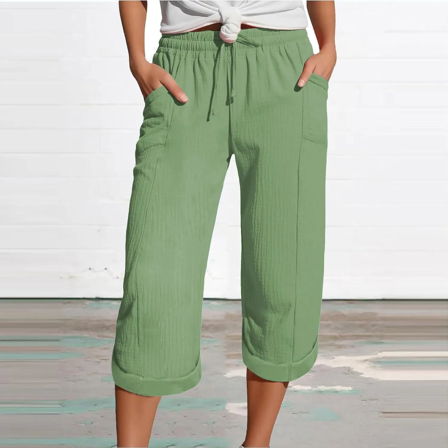 Womens Summer Capris Cotton Linen Sweat Pants Casual Loose Comfy Trendy Elastic Waist Cropped Trouser Beach Clothes