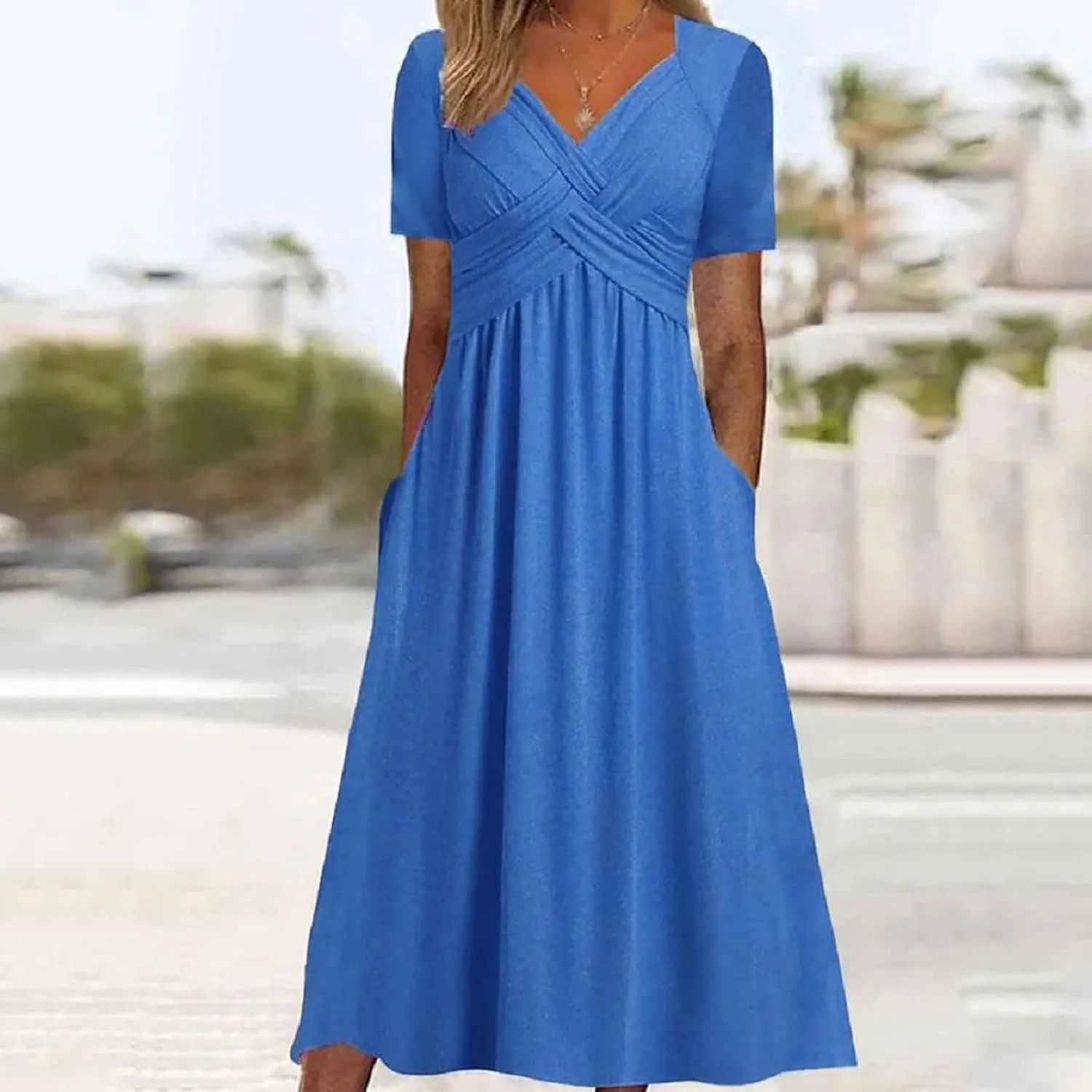 Women's Summer Dresses Short Sleeve V Neck Casual Boho Maxi Beach Dress Plus Size Flowy Long Sundress with Pockets