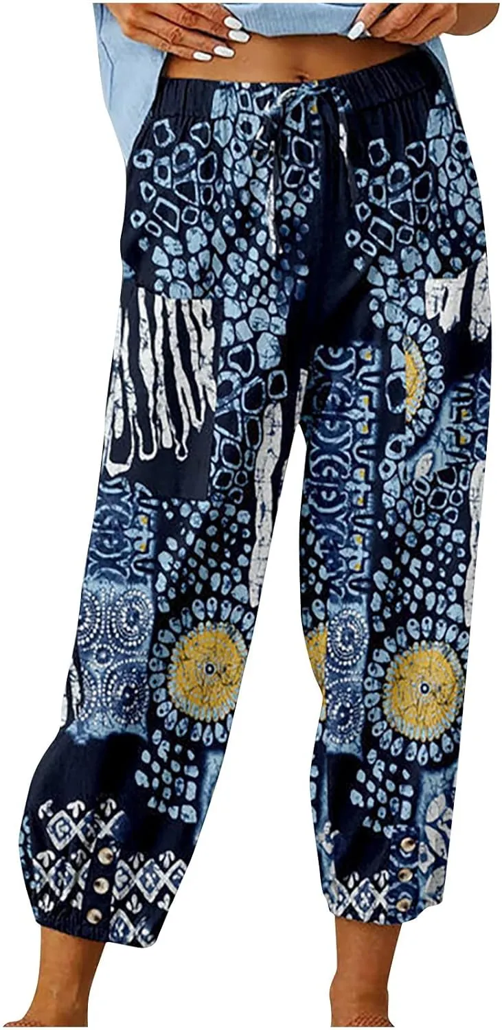 Womens Tapered Pants High Waisted Floral Print Cinch Bottom Casual Pants Pull On Elastic Waist Trousers with Pockets