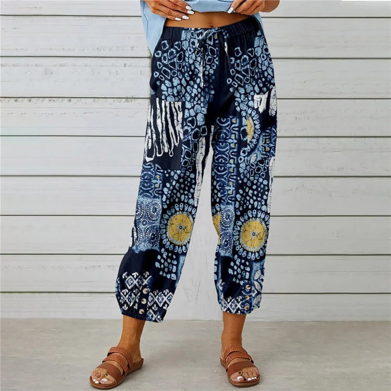 Womens Tapered Pants High Waisted Floral Print Cinch Bottom Casual Pants Pull On Elastic Waist Trousers with Pockets