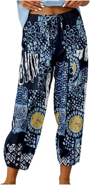 Womens Tapered Pants High Waisted Floral Print Cinch Bottom Casual Pants Pull On Elastic Waist Trousers with Pockets