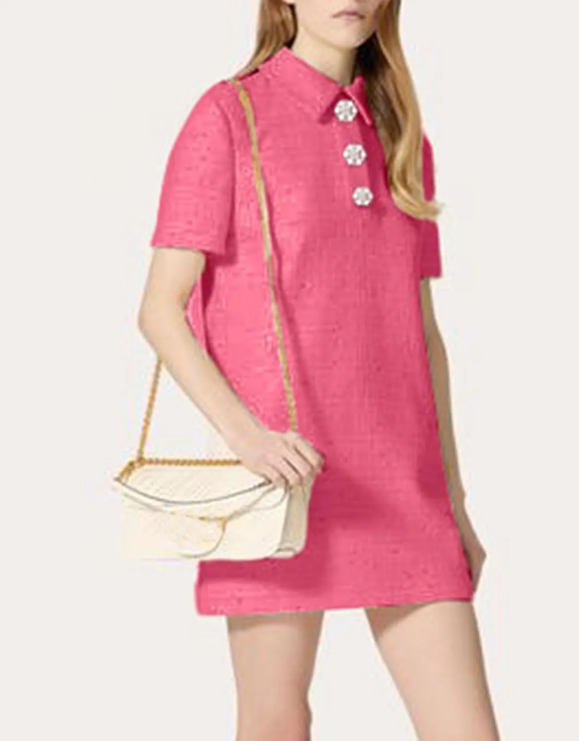 Women's Tweed Mini Shift Dress Polo Collared Party Formal Short Dress Rhinestone Button Up Work Tunic Dress