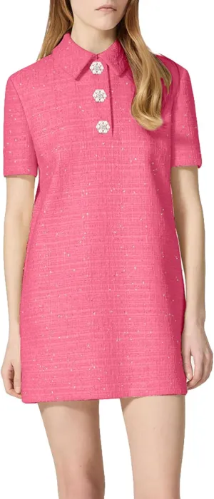 Women's Tweed Mini Shift Dress Polo Collared Party Formal Short Dress Rhinestone Button Up Work Tunic Dress