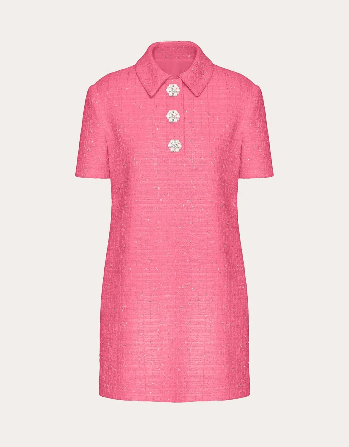 Women's Tweed Mini Shift Dress Polo Collared Party Formal Short Dress Rhinestone Button Up Work Tunic Dress