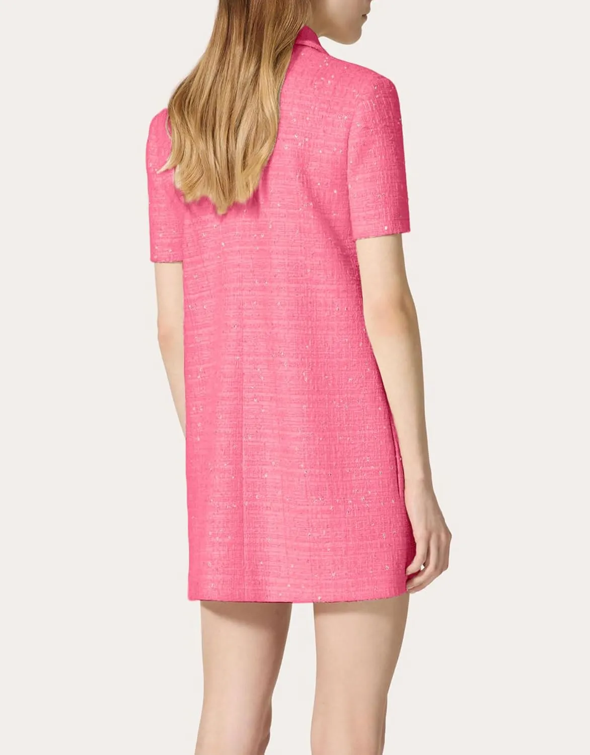Women's Tweed Mini Shift Dress Polo Collared Party Formal Short Dress Rhinestone Button Up Work Tunic Dress