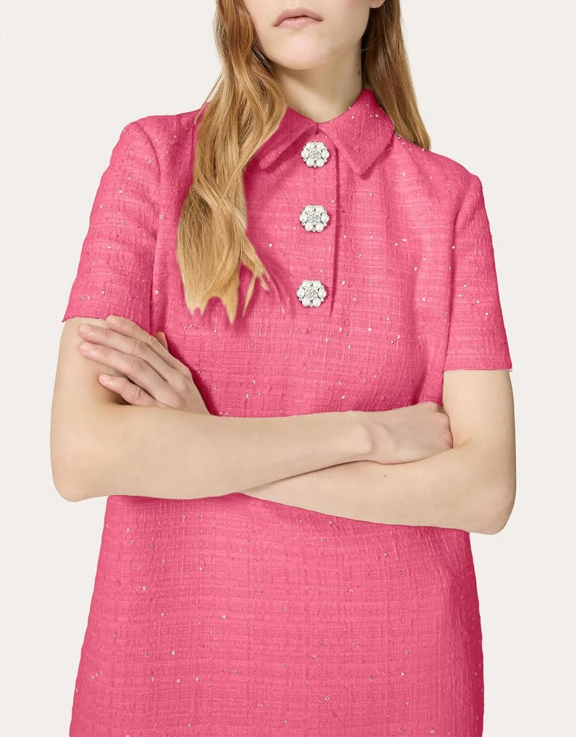 Women's Tweed Mini Shift Dress Polo Collared Party Formal Short Dress Rhinestone Button Up Work Tunic Dress