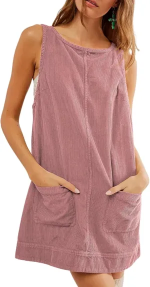 Wowcarbazole Women's Casual Corduroy Overall Dress Round Neck Cute A Line Dress Pinafore Mini Skirt Jumper with Pockets